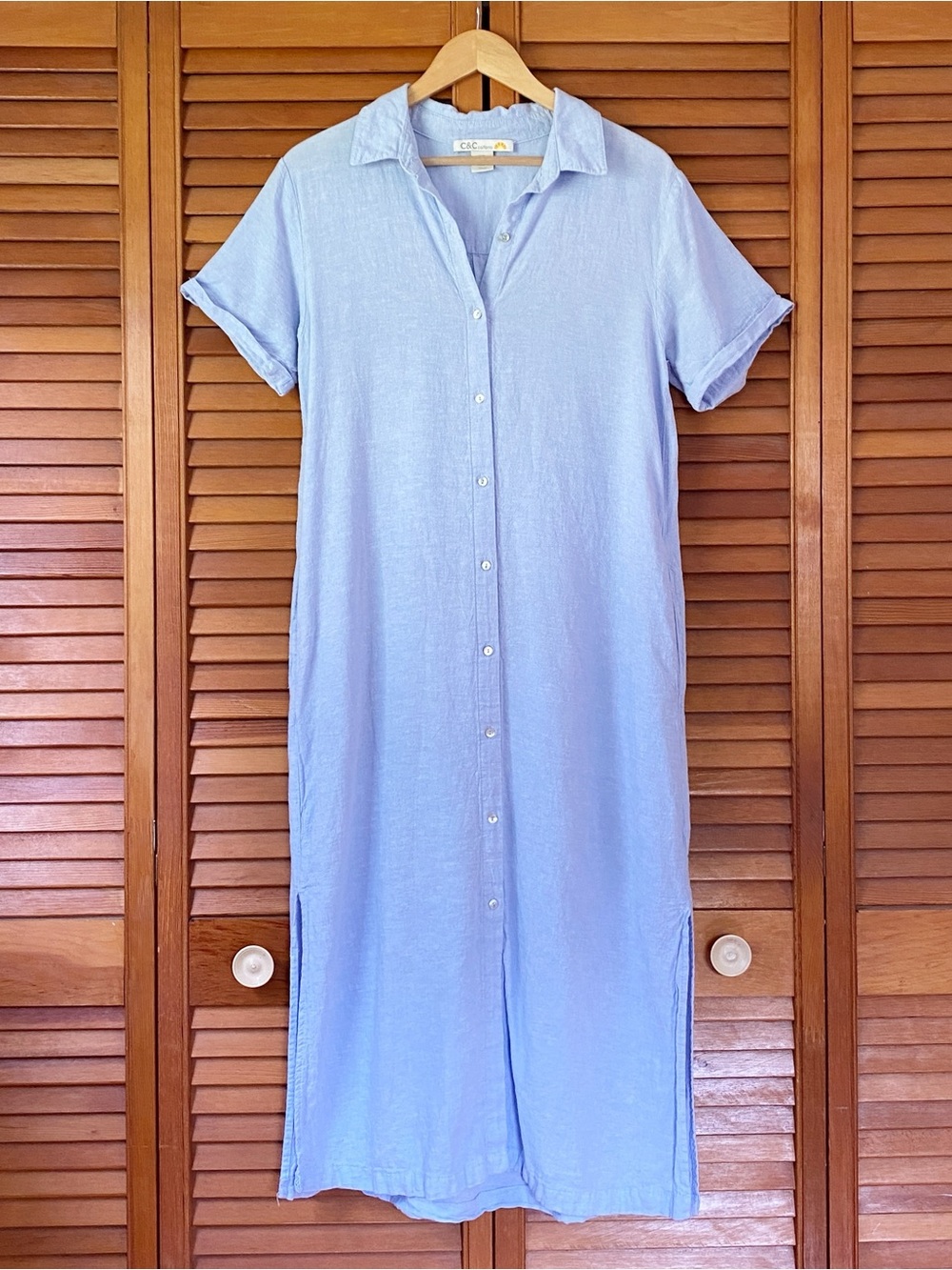 C&C California Shirt Dress Women's Size Blue Button Front Blue Linen Blend Midi